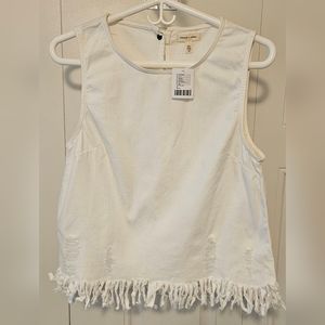 Denim distressed tank with fringe white medium